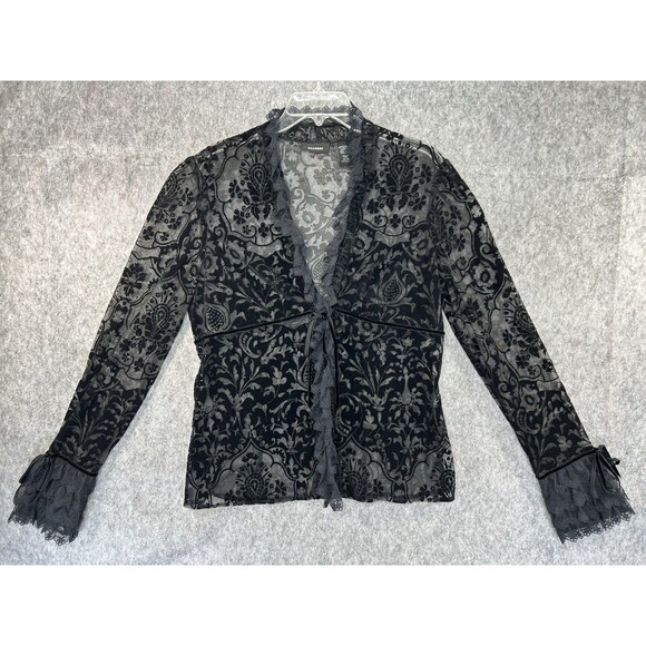 Express Velvet Burnout Top Women 13/14 Black Sheer Whimsigoth Y2K Flare Sleeve - Picture 1 of 10